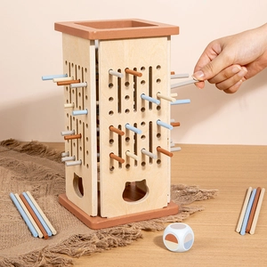 Wooden color matching balance game with sticks and cat-shaped hollow tower for toddlers