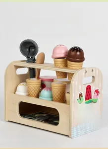 Detailed close-up of wooden ice cream counter toy with colorful scoops and scoops