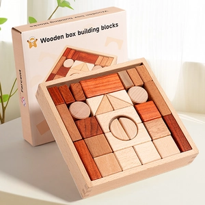 Solid wood building blocks set with natural texture in a wooden storage tray