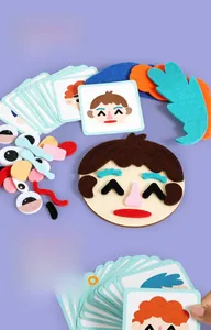 Detail view of colorful felt facial features and DIY pattern cards for toddler learning