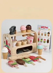 Detailed view of children's wooden ice cream toy shop with colorful scoops and cones