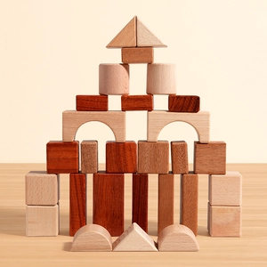 Educational solid wood stacking blocks set in beech and walnut for motor skills development