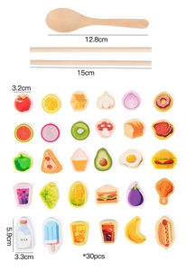 Detailed view of 30pcs wooden feeding toy set with spoons and educational food pieces