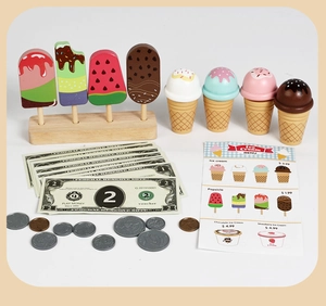 Detailed view of a wooden ice cream shop playset including popsicles, cones and menus