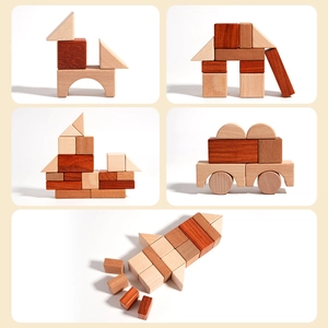 Natural wood geometric building blocks set showing creative horse and rocket shapes
