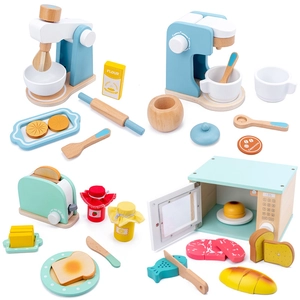Set de cuisine en bois pour enfants avec cafetière, mixeur et grille-pain pastel