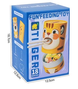 Tiger feeding toy packaging details showing dimensions and fine motor skill accessories