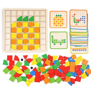 3D mosaic wooden geometric puzzle set with colorful blocks and pattern guide cards