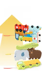 Detail of wooden 4-in-1 animal and vehicle puzzles showing various block combinations