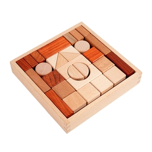 Educational solid wood building blocks set with various geometric shapes in a storage tray