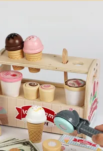 Detailed close-up of wooden ice cream shop playset with colorful scoops and cones
