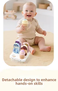 Detail of detachable wooden ice cream toy set with a toddler on a cozy beige plush rug