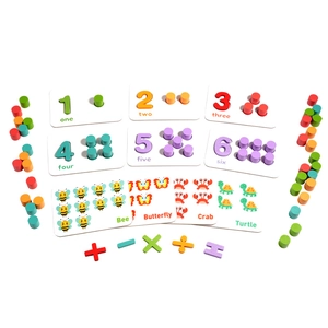 Wooden math learning board with number puzzles, counting pegs, and animal cards for kids