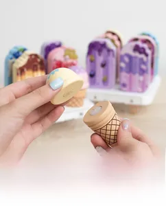 Close-up of wooden toy ice cream scoops with velcro design for realistic pretend play