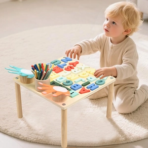 Educational wooden busy table with colorful 26 English letter puzzles for toddler learning
