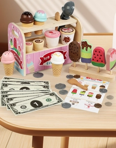 Detailed view of a wooden ice cream shop toy set with colorful scoops, cones, and menu