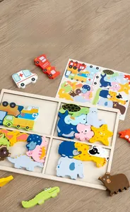 Detailed view of children's wooden puzzle pieces with animal and vehicle themes