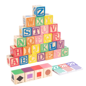 Educational wooden block set with colorful letters, shapes, and numbers for toddler learning