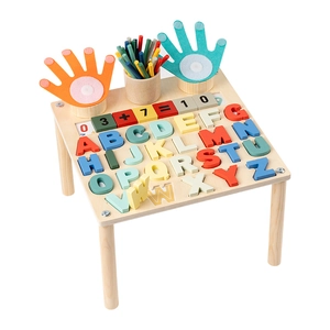 Wooden educational activity table for kids featuring alphabet puzzles and math learning sets