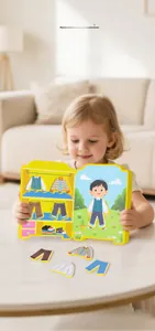 Kids puzzle book showing diverse seasonal dress-up outfits and accessories for early learning