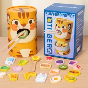 Wooden Montessori tiger feeding game set with chopsticks, spoon and play food for kids