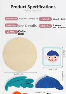 Size chart for magic face-changing toy showing felt components and wooden base dimensions