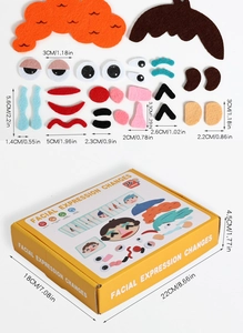 Detailed size chart for facial expression felt toy parts and packaging box dimensions