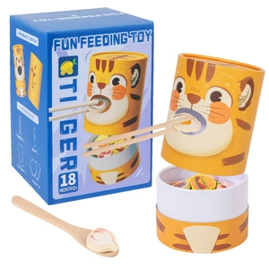 Tiger theme fun feeding toy set with wooden utensils and blocks for motor skills training