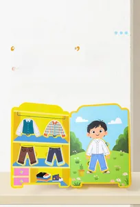 Detailed view of the interactive dress-up busy book with boy character and clothes