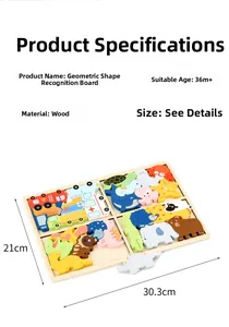 Detailed dimensions of 4-in-1 wooden puzzle showing 30.3x21cm size and 36m+ age limit