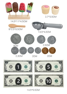Detailed size specifications for wooden ice cream toys and play money set components