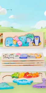 Detail showing colorful multi-layer 3D wooden animal puzzles for kids with high-density wood