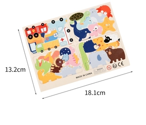 Detailed view of educational 4-in-1 wooden puzzles showing precise 18.1x13.2cm dimensions