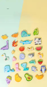 Detailed view of colorful double-sided wooden animal and fruit puzzles for kids