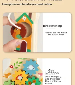 Details des hölzernen Beschäftigungsbretts mit Zahnrädern und Vogel-Zuordnungsspielzeug