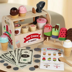 Wooden Ice Cream Counter Toy Set For Kids Pretend Play Montessori Educational Kitchen Toys With Scoops And Play Money Gifts