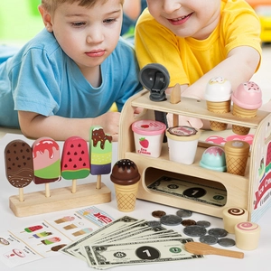 Wooden ice cream shop playset with colorful scoops, accessories, and role-playing kids