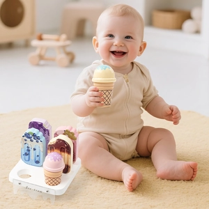 Wooden ice cream shop toy set for kids featuring a cheerful baby playing on a soft rug