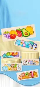Close-up of vibrant wooden puzzle pieces featuring colorful animal and fruit themes