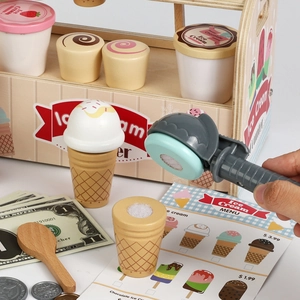 Wooden kids ice cream shop toy set with scooper, display stand and pretend menu play kit