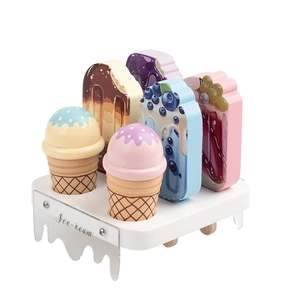 Wooden kids play ice cream set with cones and popsicles on a white display stand