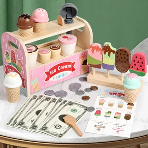 Wooden play kitchen ice cream counter toy set with colorful scoops and cones for kids