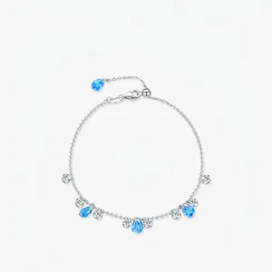 Women S925 Sterling Silver Bracelet Blue Waterdrop Imitation Aquamarine Pendant Rhinestone Inlaid Elegant Fashion Jewelry Wrist Link Chain