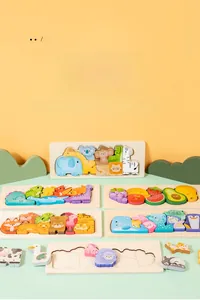 Macro view of colorful thick wooden animal puzzles with smooth edges for child safety