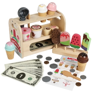 Wooden ice cream shop play set with counters, cones and play money for toddlers