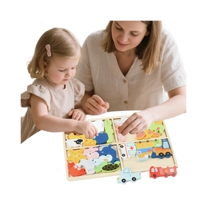 Educational 4-in-1 wooden animal and vehicle puzzles for toddler skill training