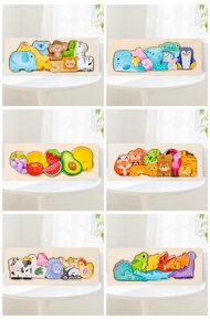Close-up of 6-in-1 wooden 3D puzzles featuring animals, fruits, and dinosaurs for kids