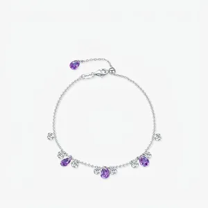 925 Sterling Silver Sweet Purple Water Drop Pendant Bracelet For Women Rhinestone Inlaid Bead Chain Adjustable Jewelry