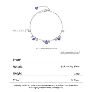 S925 sterling silver beaded bracelet with purple waterdrop crystals and white zircons