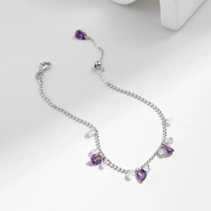 Elegant S925 sterling silver beaded bracelet with purple amethyst drop pendant for women